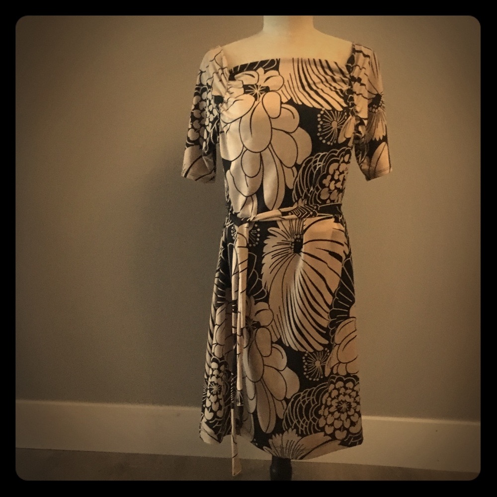 Tan & Black Square Neck Dress